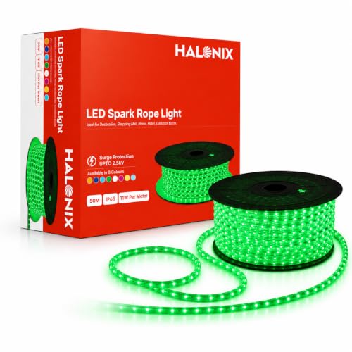 Image of Halonix 50 Meter LED 120 Led /MTR Rope Light for Home Decoration | IP65 Certified, BIS Approved | Indoor and Outdoor use | Direct Plug-in | 700 Lumens in Every Meter | Pack of 1 (Green)