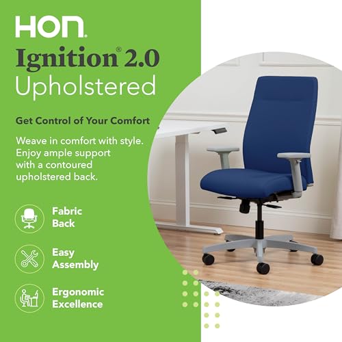 Image of HON Ignition 2.0 Ergonomic Office Chair with Adjustable Arms, Standard Synchro‑Tilt Recline, Upholstered Desk and Computer Chair for Home Office or Workstation, Titanium Frame, Indigo