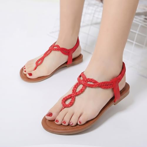 Image of iCKER Womens Braided T‑Strap Flat Sandals Elastic Stretch Ankle Strap | Boho cute casual lightweight and comfort matches dresses for beach vacation