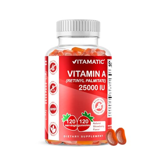 Vitamatic Sugar Free Vitamin A 25000 IU Gummies (Retinyl Palmitate) - Natural Strawberry Flavor -...