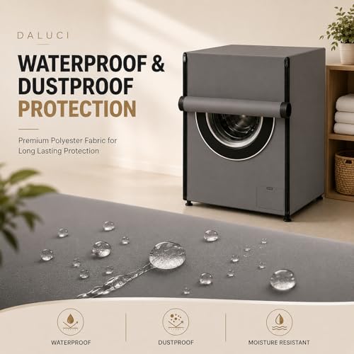 Image of DALUCI Washing Machine Cover Front Load for 6 Kg, 6.5 Kg, 7 Kg & 7.5 Kg Fully Automatic Machines | Waterproof Dustproof Polyester Protective Cover with Zipper (Grey, 59X59X86 CM)