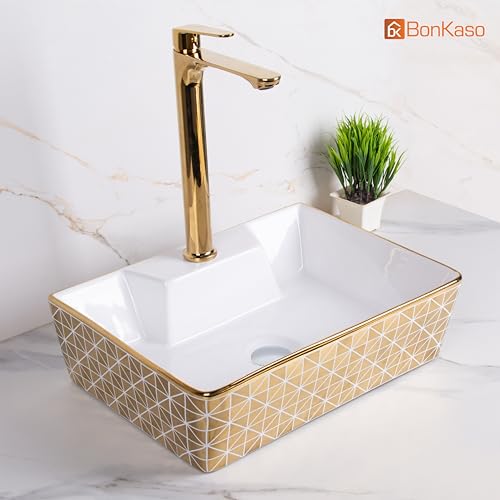Image of Bonkaso ALTO 1005 Designer Ceramic Table Top Wash Basin | White & Gold Checked Rectangular Countertop Vanity Sink | 41 x 30 x 13 cm | Premium Glossy Finish Bathroom Basin