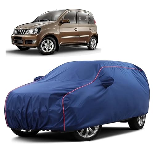 Image of Sulfar 100% Water Resistant Car Body Cover Compatible with Mirror for Mahindra Quanto (Triple Stitched, Full Bottom Elastic, Blue Taffeta with Red Piping)