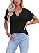 Imagen de Cuptacc Camisetas Mujer Verano Manga Corta Color Sólido Tops Mujer Elegantes Cuello en V Blusa Negro