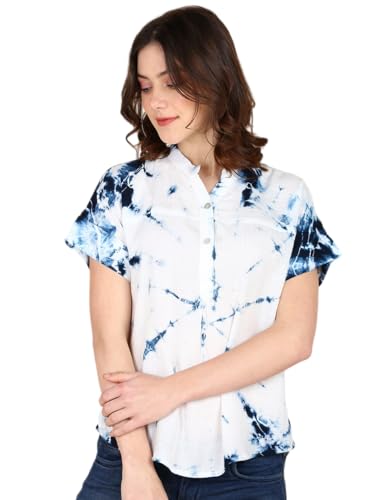 Image of Maaesa Women Handmade Regular Fit Tie-Dye Rayon Top | Casual Wear & Office Wear | Short Sleeve | Mandarin Neck | Lightweight & Breathable Fabric