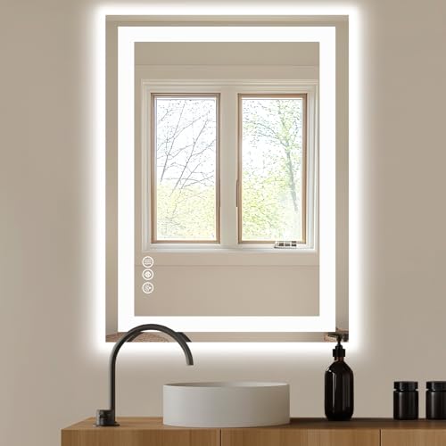 Image of NEWBULIG 28X36 Inch LED Bathroom Wall Mirror with Lights, Light up Vanity Bathroom Mirror for Over Sink, Anti-Fog and Dimmable, Front Light and Backlit, Memory Function, Shatter-Proof, White