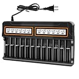 WAVYPO AA AAA Battery Charger for NiMH NiCD Rechargeable Batteries, 12 Bay Smart Universal Charger LCD Display,Fast Charge for 18650 18500 18490 16340 14500 AA AAA (Charger Only)
