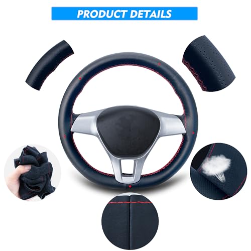 Carodi Leather Steering Wheel Cover, Breathable Non-Slip Design, Soft And Comfortable Feeling, Universal 15 Inch Auto Car Steering Wheel Stitch On Wrap（Size M, Black With Red Line） - 3