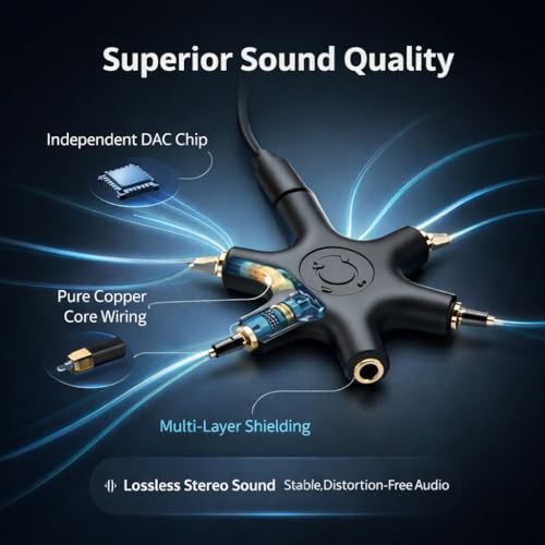 Image of Mizi USB-C Headphone Splitter 5-Way - Type-C to 3.5mm Audio Adapter with 1 Male to 5 Female Ports, Multi-Headphone Aux Splitter for Phone, Tablet, Laptop, PC - Black