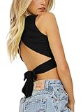 Remidoo Women's Casual Sleeveless Crewneck Ribbed Knit Tie Back Crop Tank Top Black Small