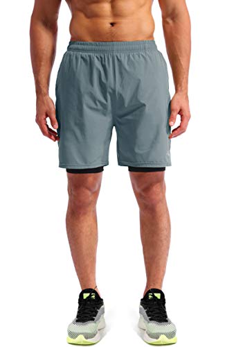 Image of Pudolla Men's 2 in 1 Running Shorts 5 inch Quick Dry Gym Athletic Workout Shorts for Men with Phone Pockets