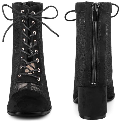 Perphy Square Toe Lace Up Floral Lace Block Heels Ankle Boots for Women2