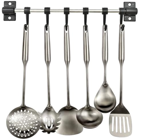 Kitchen Utensil Holder Rack Storage Rail Wall Mounted Tool Hanger With 6 Movable And Removable Sliding Hooks Space Saver Stainless Steel Tools Organizer Utensils Hanging Organize Bathrooms (1 Pack)