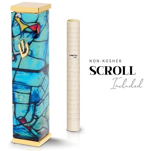 Image of SURI Mezuzah with Scroll for Door | 6 Inch Modern Aluminum Mezuzah Case | Fits 5 Inch Scroll | Gold & Silver Chagall-Inspired Design | Self Adhesive Easy Install | Judaica Jewish Gift