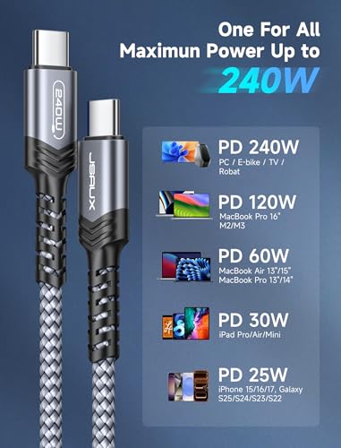 Image of JSAUX 240W USB C to USB C Cable 6.6FT, Type C Fast Charging Cord, Grey | 240 Watt PD Fast Charging Cord for MacBook, iPad, Dell XPS, iPhone 17 /16 /15 series, Galaxy S26 /S25 /S24 and Pixel