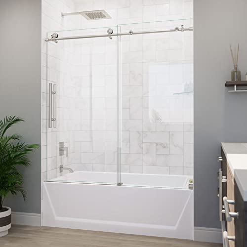 DreamLine Enigma-X 55-59 in. W x 62 in. H Fully Frameless Sliding Tub Door, Brushed Stainless Steel