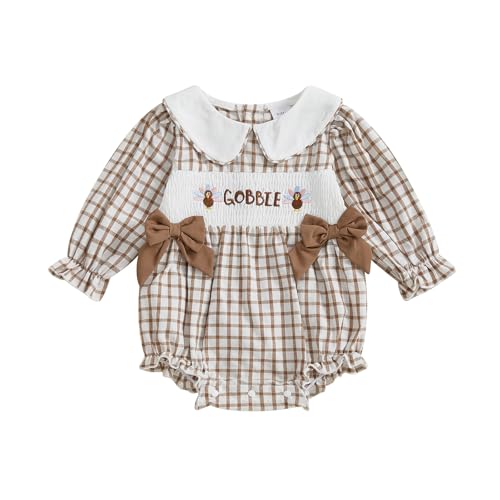 My First Halloween Outfit Baby Girl Pumpkin Bubble Romper Doll Collar Plaid Smocked Bodysuit Newborn Fall Clothes