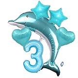 Globo animal delfín azul niño: 1x globo azul con número XXL (aprox.70 cm), 1x globo gigante de lámina de delfín (aprox.112 x 80 cm), 2x globo corazón (aprox.45 cm), 2x globo estrella (aprox.45 cm) ).