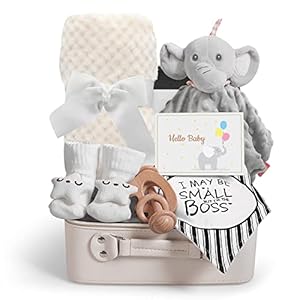 Baby Shower Gifts, Baby Boy Girl Gift Basket Set Newborn Blanket Baby Elephant Lovey Security Blanket Wooden Rattle Toy, New Born Bibs Socks & Greeting Card, Baby Shower Basket Gifts Essentials