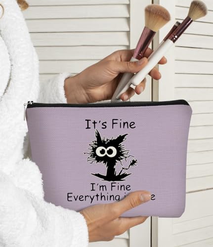 Funny Cute Cat Makeup Bag,Cat Lover Gifts For Women,Its Fine Im Fine Everythings Fine,Black Cat Cosmetic Bag Small Pouch,Birthday Gift,Coworker Gifts(Purple)2