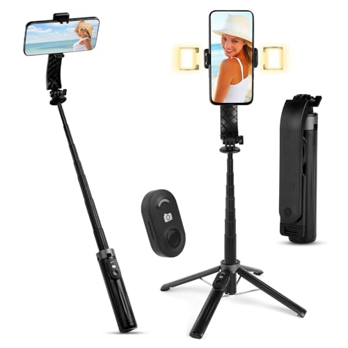 Flintronic Palo Selfie Trípode Bluetooth, Profesional Palo Selfie Trípode 100CM, con Control Remoto Inalámbrico Desmontable y Luces de Relleno, Compatible con Android Teléfono, iPhone, Samsung