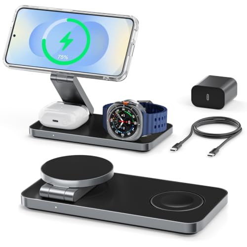 3 in 1 Wireless Charging Station for Samsung S26 Ultra/S26+/S26 Magnetic Charger Stand Compatible with Magsafe for Galaxy S25/S24/S23/Z Fold/Flip Series Galaxy Watch Ultra/8/7/6/5 Buds Pro/4/3/2