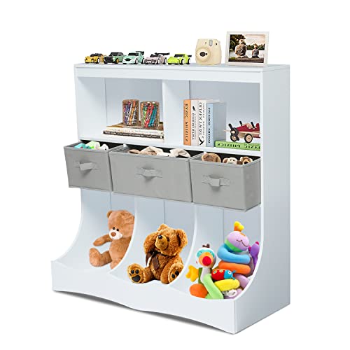 Kinfant Kids Bookcase Storage Organizer - 3-Tier Cabinet With 3 Removable Drawers/Baskets, Freestanding Combo Bin For Children Bedroom Decor #TOP3