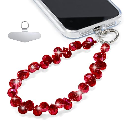 Image of TENOC Beaded Phone Wrist Strap, Burgundy | Cellphone Lanyard Chain, Sparkling Wristlet Bracelet, Comes with Metal Phone Tether Tab, For Women