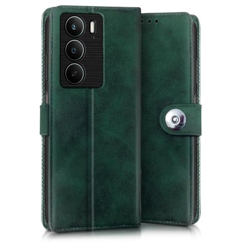 Image of WOW IMAGINE Shock Proof Flip Cover Back Case for Realme C75 | Realme C73 | Narzo 80 lite 5G | P3 Lite 5G (Magnetic Button Flip Case | Wallet Pockets & Stand | Leather Finish | (Forest Green)
