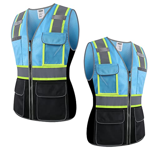 Jkwearsa Safety Vest For Women,High Visibility Reflective Work Vest With Multi Pockets And Zipper,Blue And Black,X-Large #TOP7