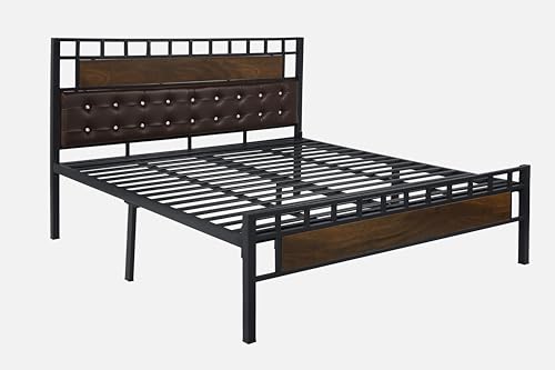 Image of Orvo Metal Queen Size Bed Without Storage | Wrought Iron Double Bed with Headboard & Footboard | Sturdy Powder Coated Platform Bed Queen Size Cot for BedroomLivingRoom Black (75x60)