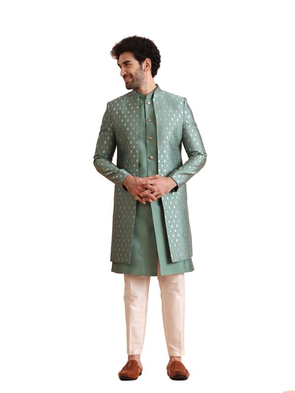 Mens Jacket Sherwani Trouser Set|Silk Blend Fabric Jacquard Pattern Indo-Western Mens Ethnic Wear|Regular Fit Mandarin Collar Long Sleeves