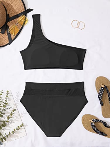 Two Piece One Shoulder Swimsuit For Women Plus Size High Waisted Bikini Set Tummy Control Mesh Bathing Suit Tankini Swimwear Black #TOP6
