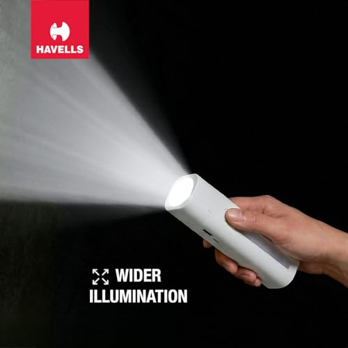 Image of Havells Orbital 2-in-1 Rechargeable Torch 4W| Converts into Table Lamp| Inbuilt Power Bank |Side Light | Mobile Stand | Type-C Charging| Runtime : Upto 6 Hours | Outdoor, Reading, Mobile Charging