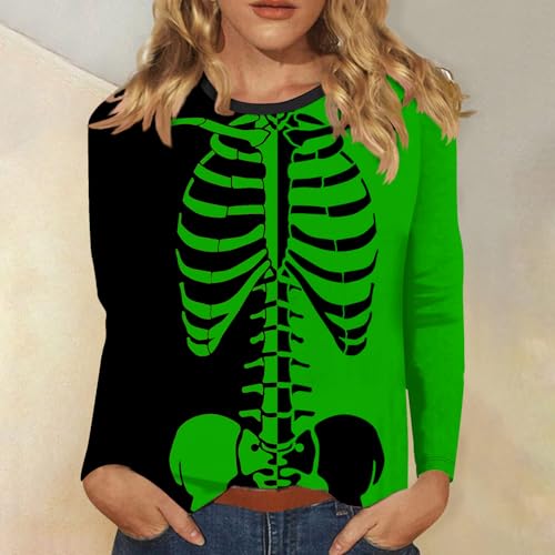 Camisetas femininas esqueleto verão outono manga longa gola canoa feriado halloween kawaii camiseta