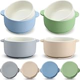 Domensi 4 Sets Kids Porcelain Bowls with Suction Sleeves Toddler Suction Bowl Upgrade Durable Microwave Dishwasher Safe Cereal Soup Snack Dishes for Baby Children Feeding Supplies (Morandi Colors)