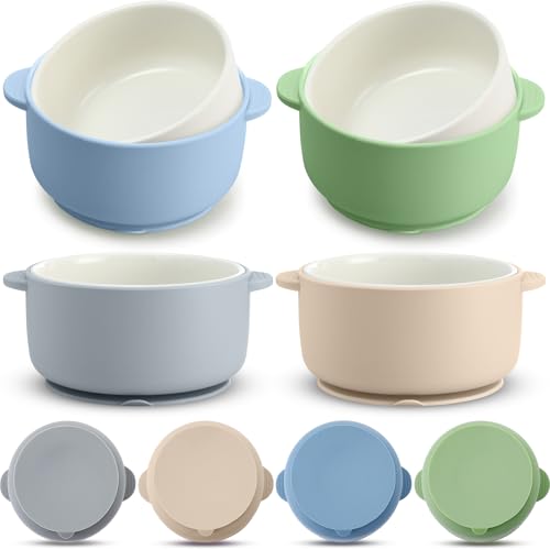 Domensi 4 Sets Kids Porcelain Bowls with Suction Sleeves Toddler Suction Bowl Upgrade Durable Microwave Dishwasher Safe Cereal Soup Snack Dishes for Baby Children Feeding Supplies (Morandi Colors)