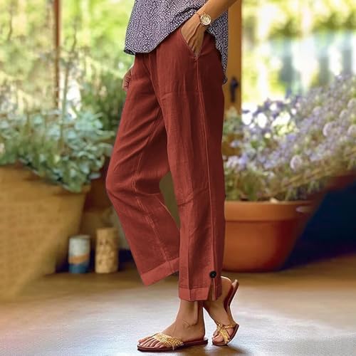 Linen Pants Women Elastic Waist Straight Leg Cropped Trouser Casual Side Split Beach Vacation Pant Lounge Capri Pants2