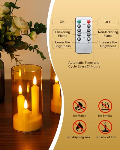 Image of Enido Gold 2 Pc 3-in-1 Taper Flameless LED Candles with Remote, Battery Operated Acrylic Pillar Set, 3 inch x 6 inch Flickering Electric Lights for Cozy Home & Holiday Romantic Decor