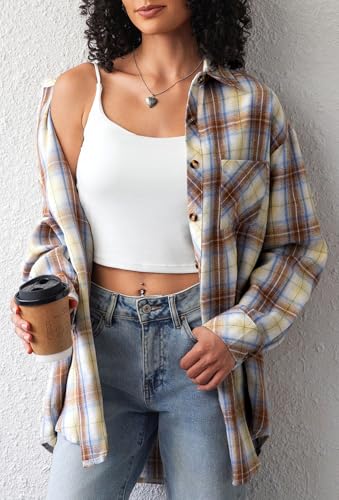 Image of CHYRII Womens Button Down Flannel Shirts Long Sleeve Plaid Shackets Business Casual Blouse Top