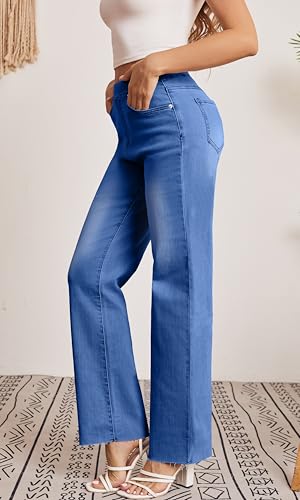Elastic Waist Jeans for Women High Waisted Raw Hem Straight Leg Cropped Elastic Trendy Women Jeans3