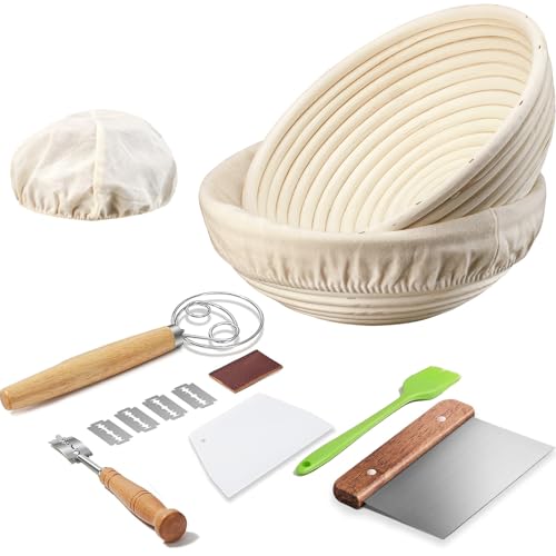 Image of Dimpola Banneton Bread Proofing Basket Banneton Basket Set Sourdough Proofing Basket Round Proofing Bowls Handmade Rattan Baskets and Liners (2 Round 9 inch Baking Set)