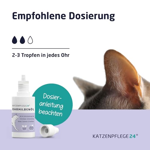 KATZENPFLEGE24 Ohrentropfen für Katzen gegen Ohrmilben, Juckreiz & Ohrentzündungen 50ml - Natürliche Sofortwirkung inkl. sanfter Ohrenpflege für Katzen - Ohrmilben Katze