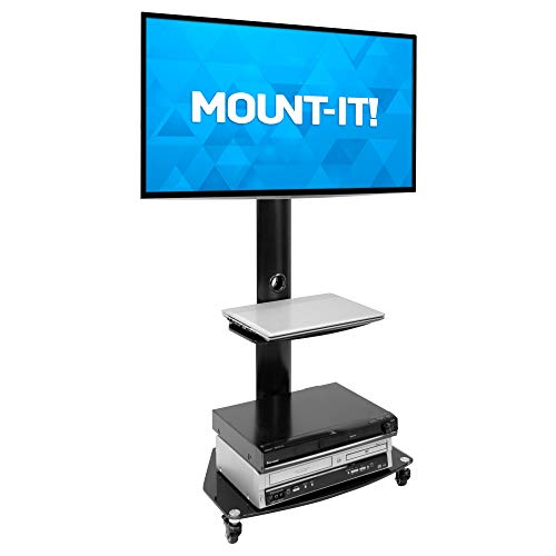 Mount-It! Mobile TV Stand with Rolling Casters & Glass Shelving - Fits 32"-55" Displays with Up to 400x400 mm VESA