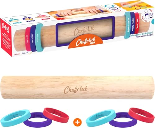 Chefclub Kids - Rouleau à Patisserie enfant avec Anneaux Ajustable - 3 Tailles d'Anneaux - Ustensile de Cuisine - Ebook de Recettes Inclus - Kit patisserie...