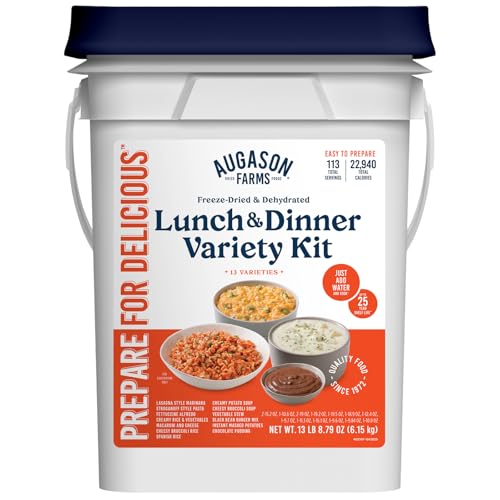 Augason Farms 4-Gallon Lunch & Dinner Variety Pail - Dehydrated Survival Food Kit - Long Shelf Life Ready to Eat Meals - Disaster Prep, Hiking & Camping Essentials - 113 Servings