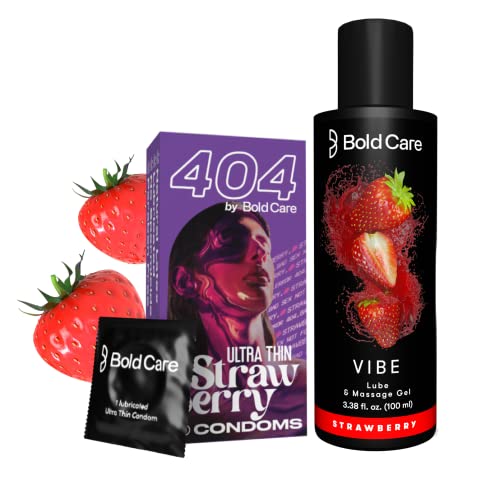 Image of Bold Care 404 Super Ultra Thin Strawberry Flavored Condoms For Men - 60 Microns - 10 Units + Bold Care Vibe - Natural Personal Lubricant for Men & Women - Premium Strawberry Flavour - 100 ml - Combo