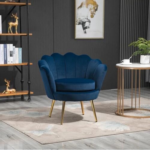 Image of Wooden Velvet Shell Accent Chair, Upholstery, Gold Metal Legs, Channel Tufted Design, Barrel Chair for Living Room, Drawing Room, Bedroom, & Office (Navy Blue)