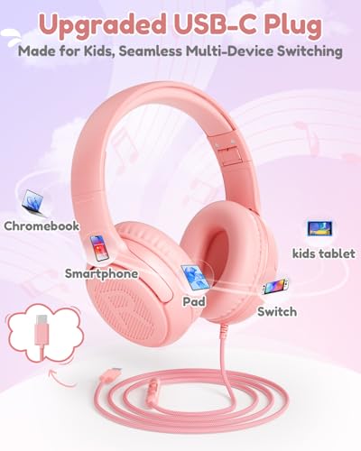 Image of awatrue USB-C Kids Headphones with Mic - 85 /94dB Volume Limiter, Foldable Wired Toddler Headphones for Boys & Girls, Over-Ear Type-C Kid Headphones for School, Travel, lPad, Tablet & Smartphones