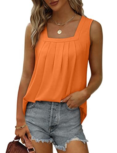 Image of Saloogoe Summer Tank Tops for Women Loose Fit Pleated Square Neck Sleeveless Tops Curved Hem Flowy